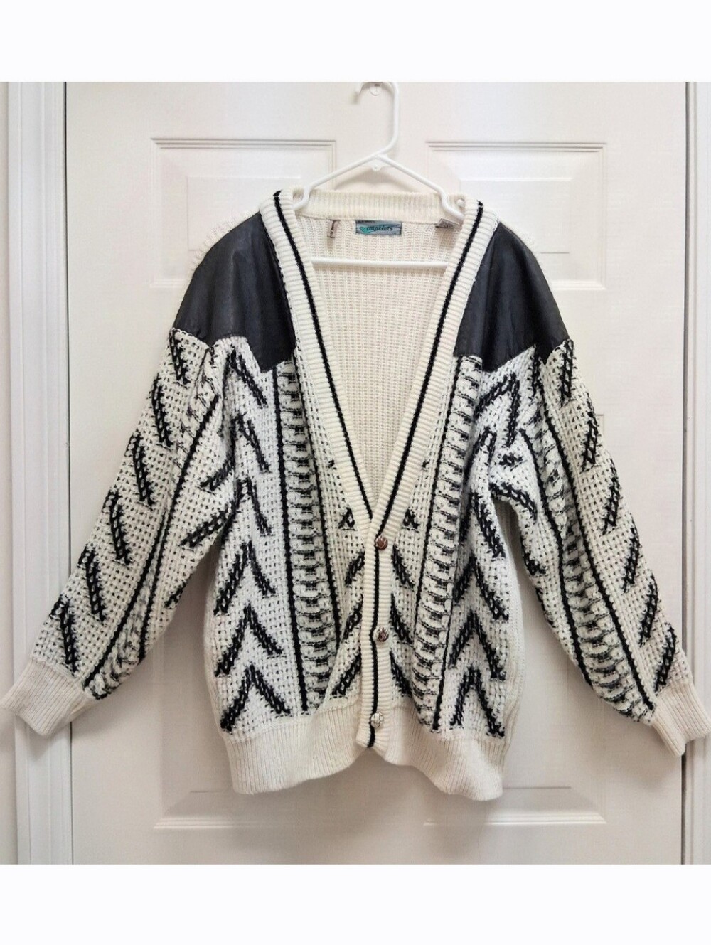 Vintage 80s Men Knit Cardigan Sweater Leather Trim Wool Blend Medium Grandpacore